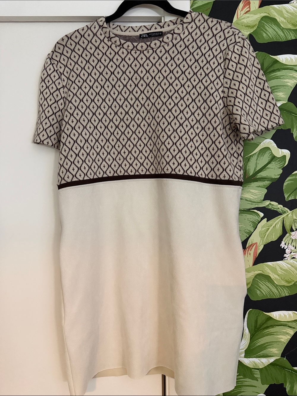 Zara Cream and Brown Geometric Knit Shift Dress